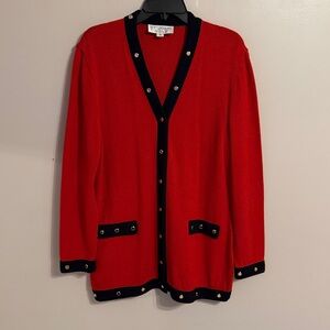 ST. JOHN Collection Snap Button Cardigan Red with Navy Blue Trim Knitwear SZ 12